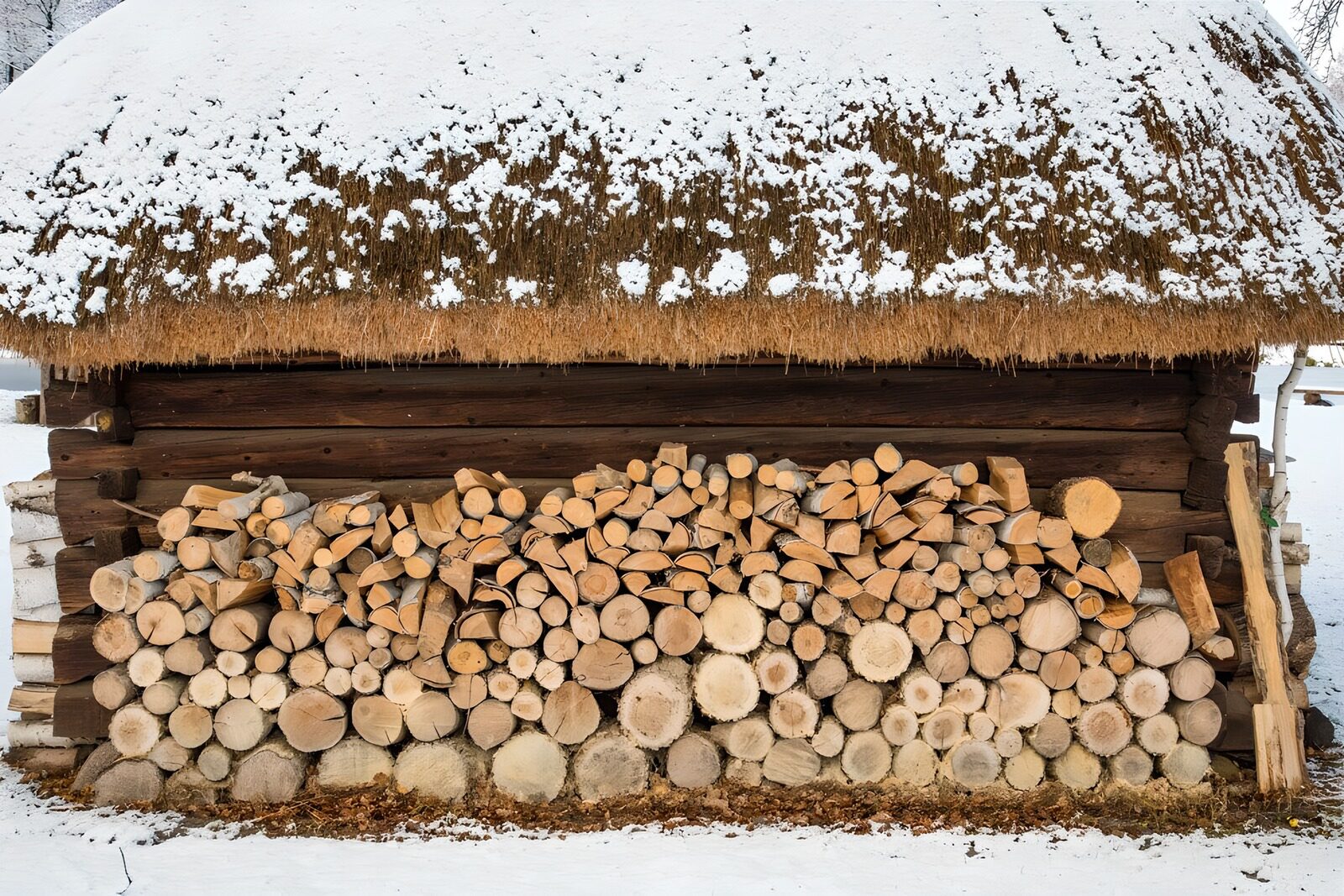 Winterse houtstapel naast een schuur