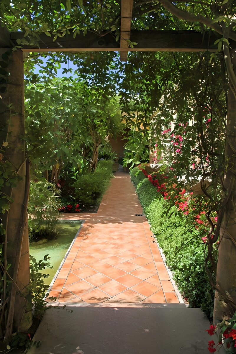 Rustige tuinpad onder een groene pergola