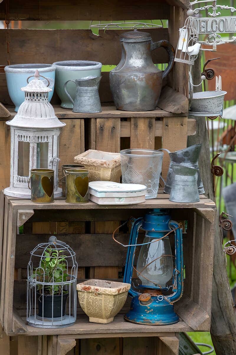 Vintage decoratie in houten rek