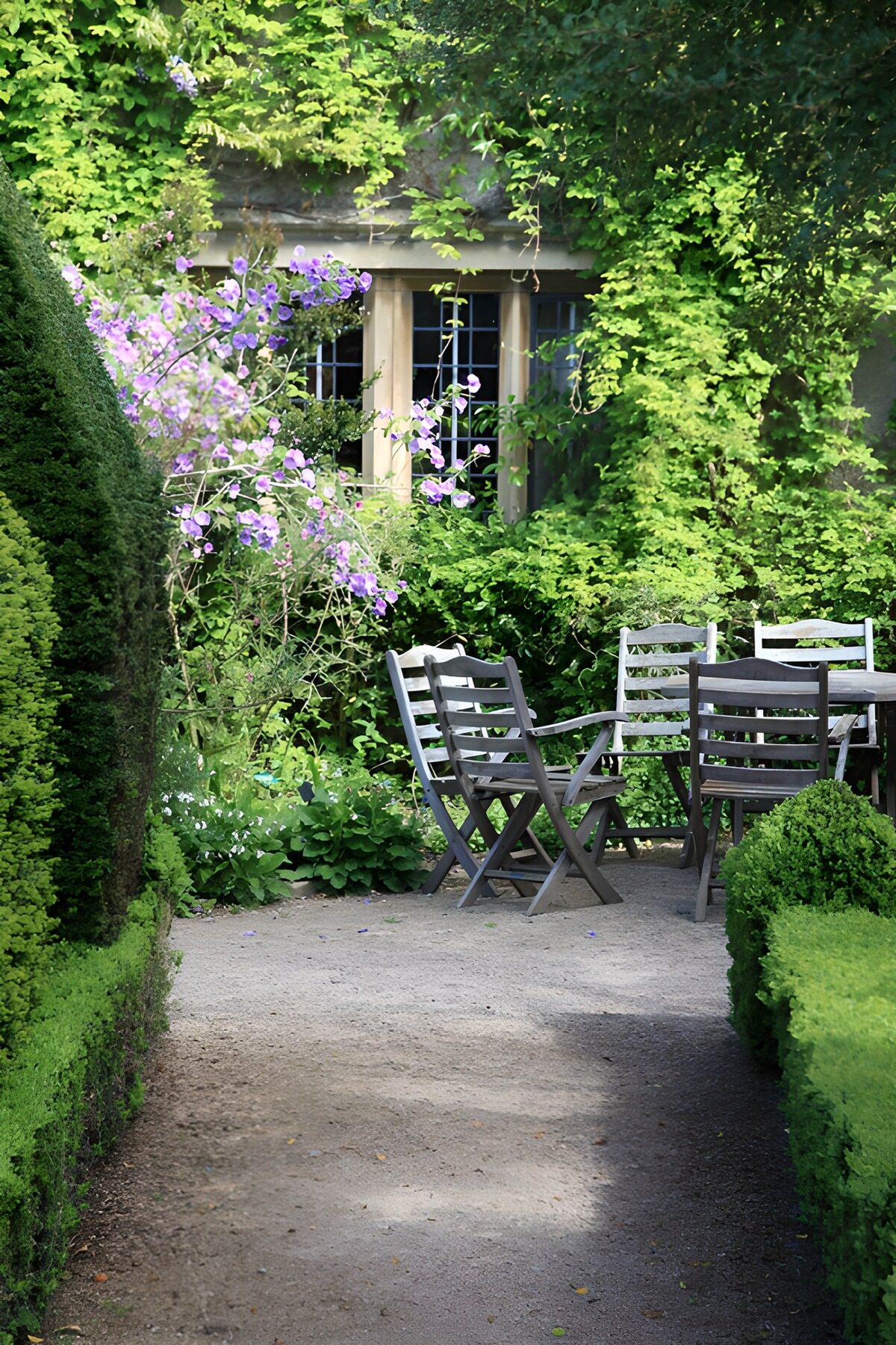 Sfeervolle tuin met houten meubelen