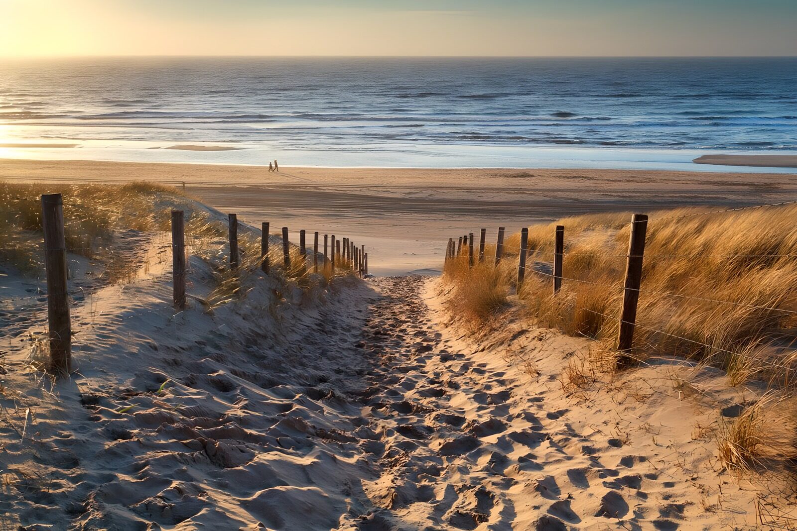 Wandeling naar het strand bij zonsondergang