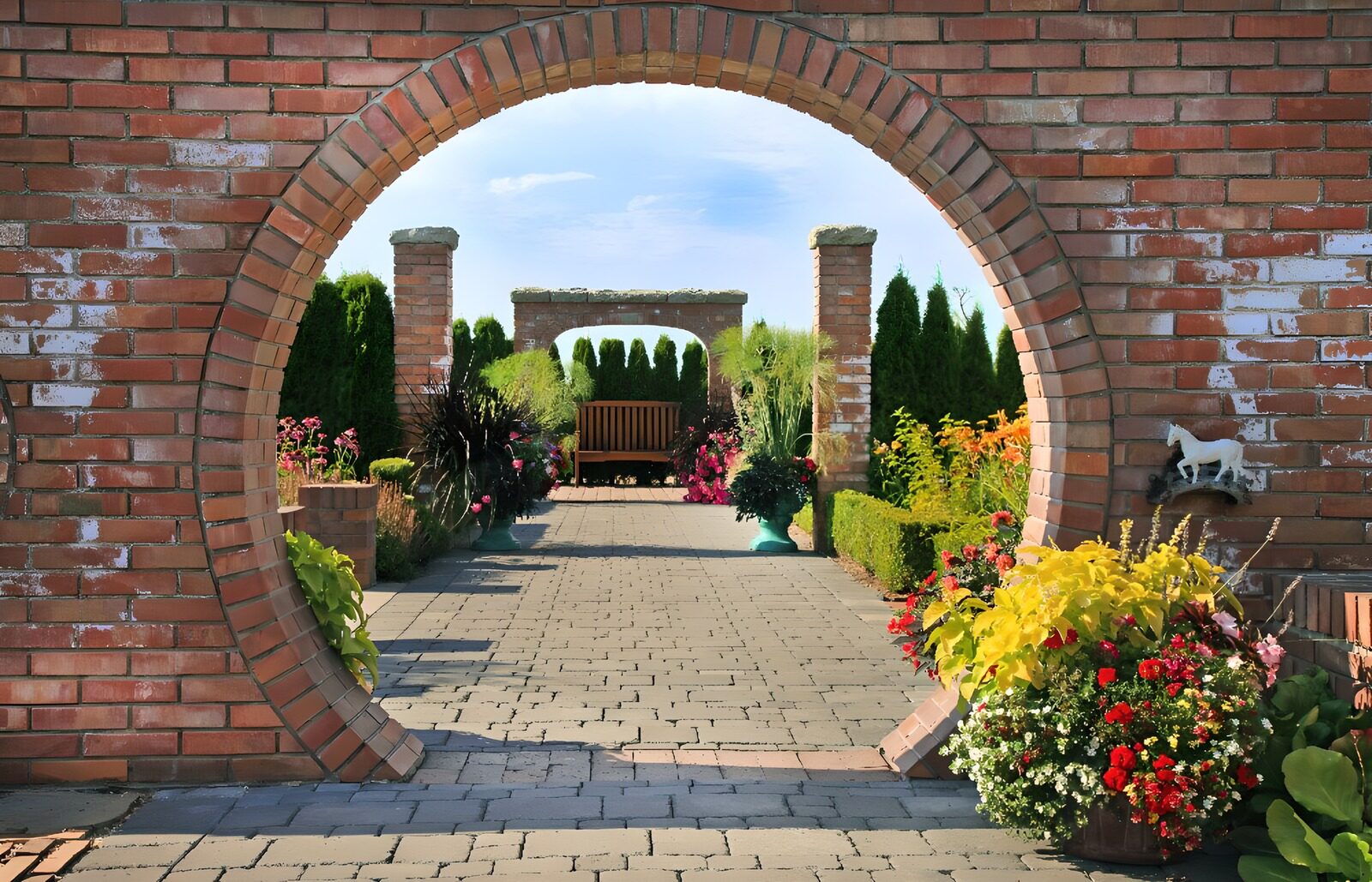 Charmante tuin met bakstenen poort