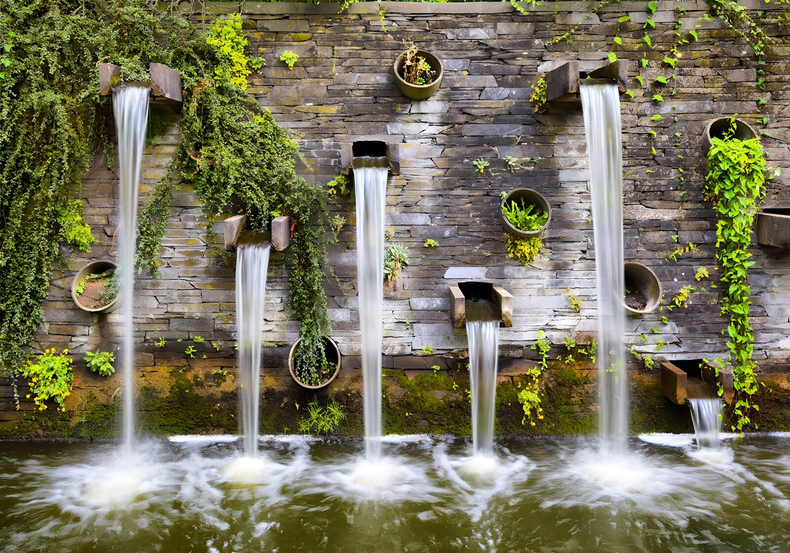 Muur met waterval begroeid met planten