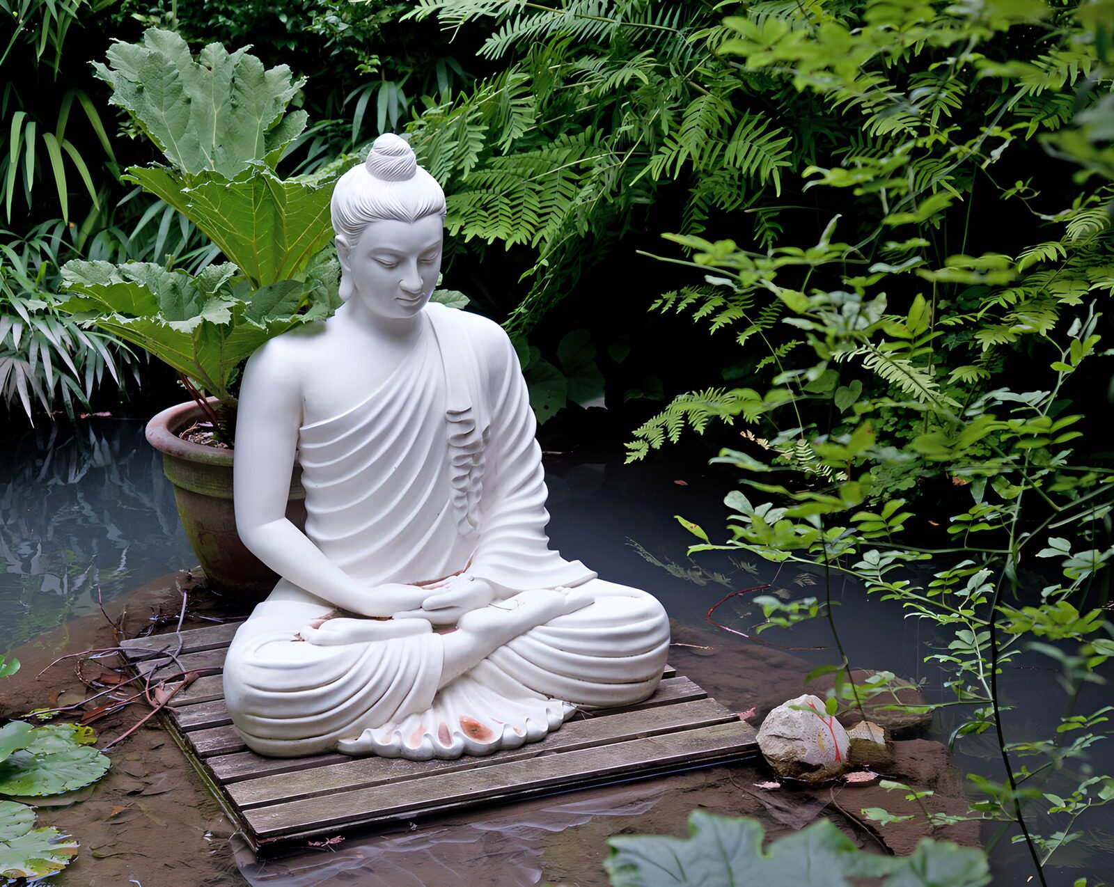 Rustgevende Tuin met Boeddhabeeld