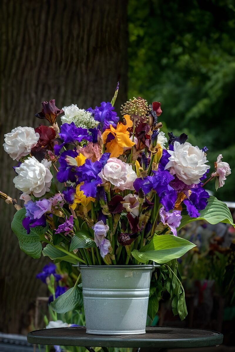 Kleurrijke bloemen in een metalen pot
