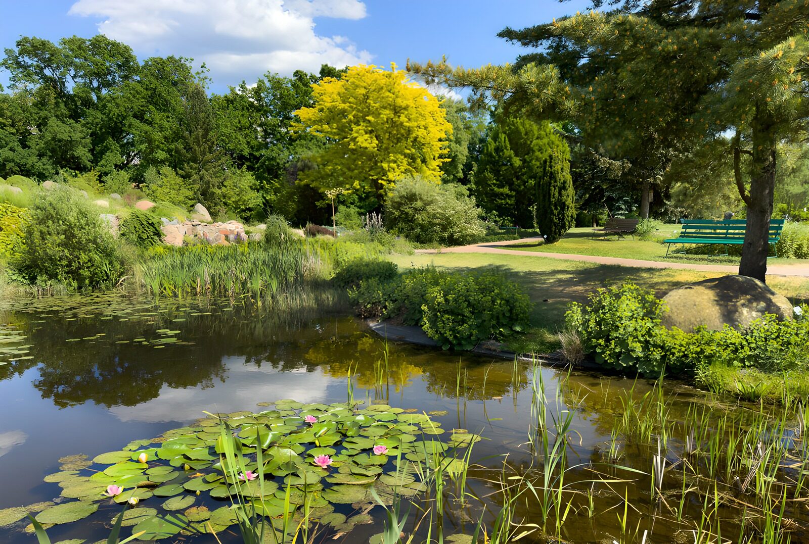 Rustige vijver in een groen park