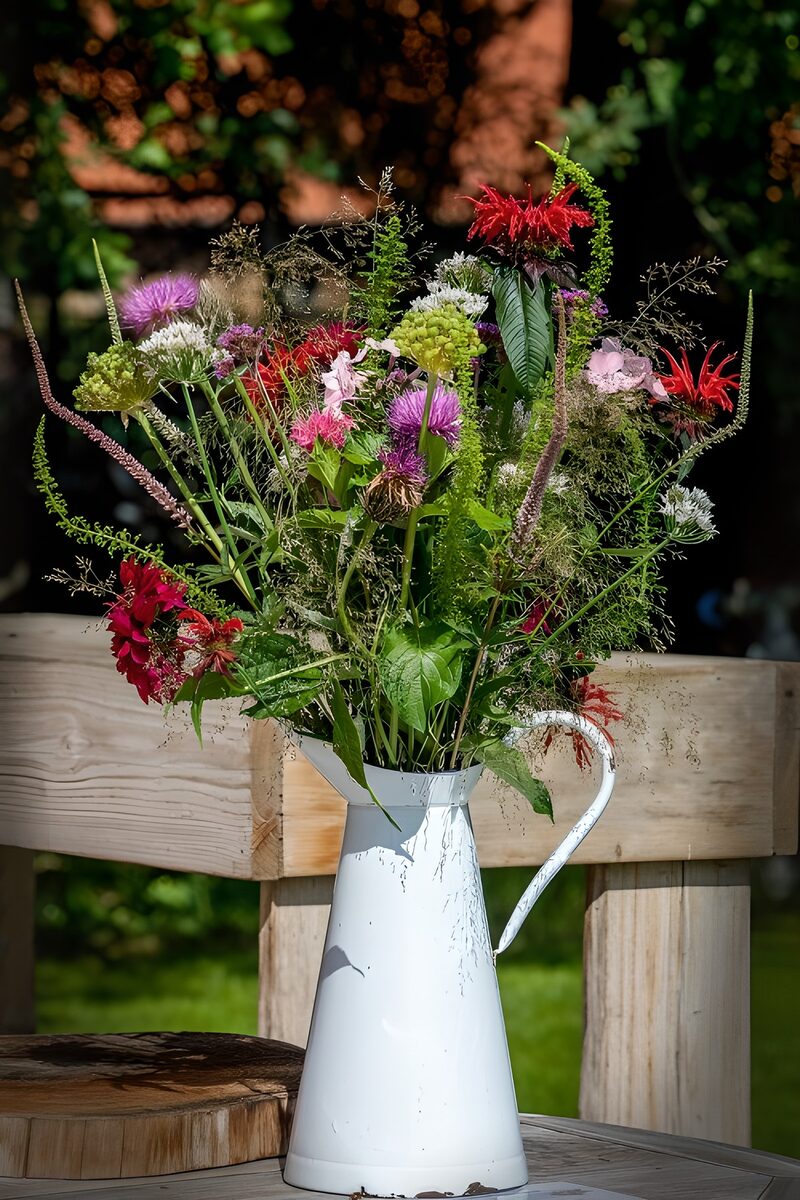 Kleurrijke boeket in een witte kan