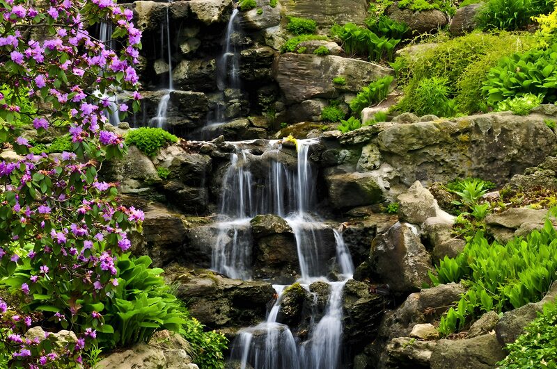 Waterval in een weelderige tuin