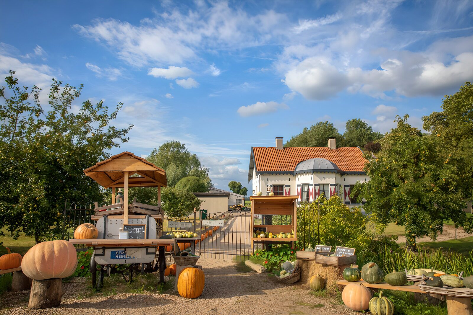 Landelijke pompoenmarkt bij boerderij