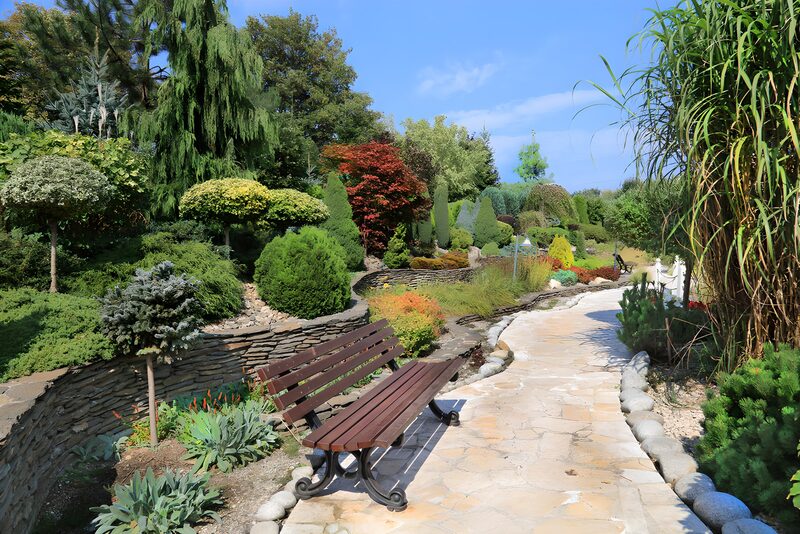 Rustige Zen-tuin met bank