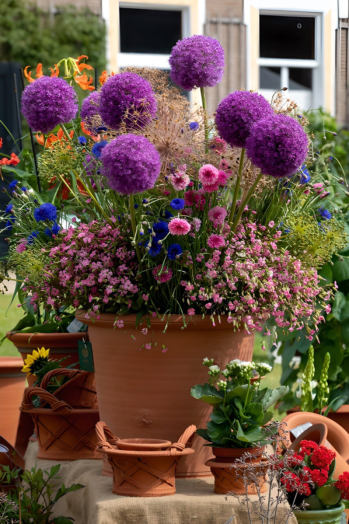 Kleurrijke bloempot met paarse bollen