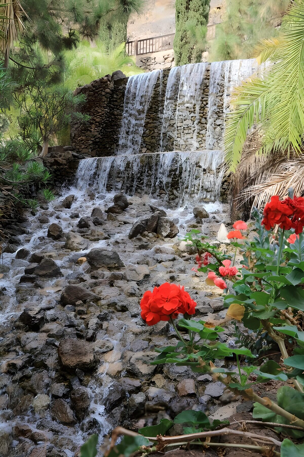 Waterval met bloemen in weelderige natuur