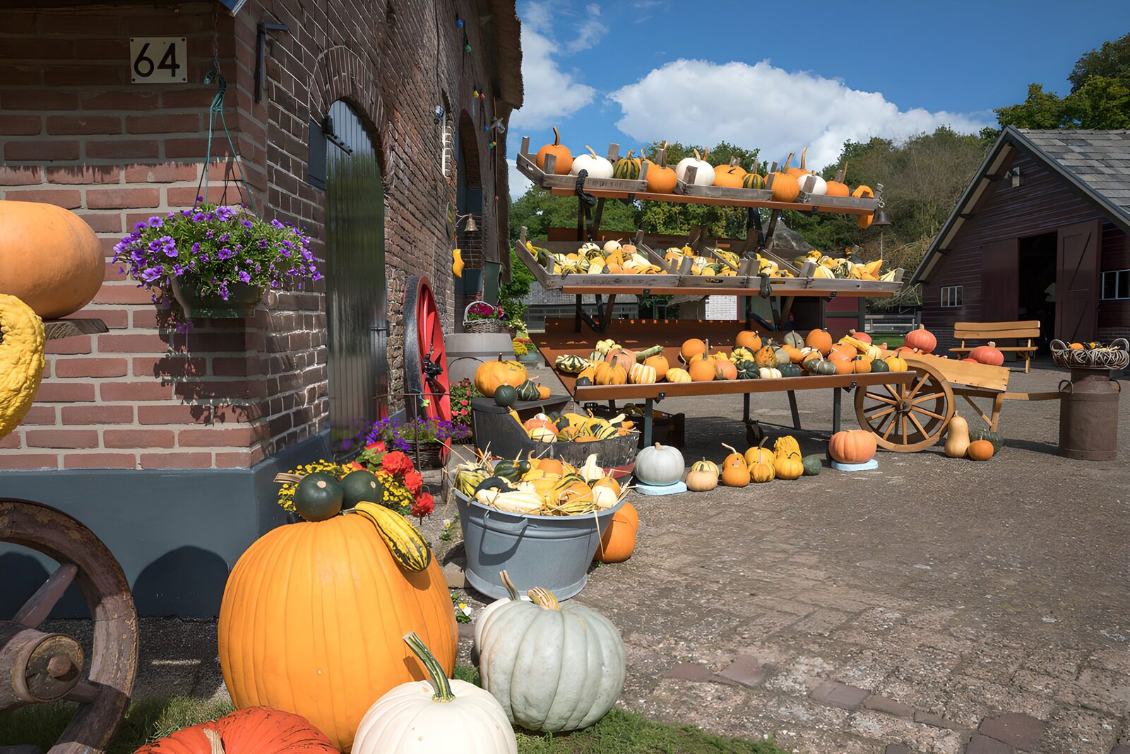 Herfstmarkt met pompoenen en decoratie
