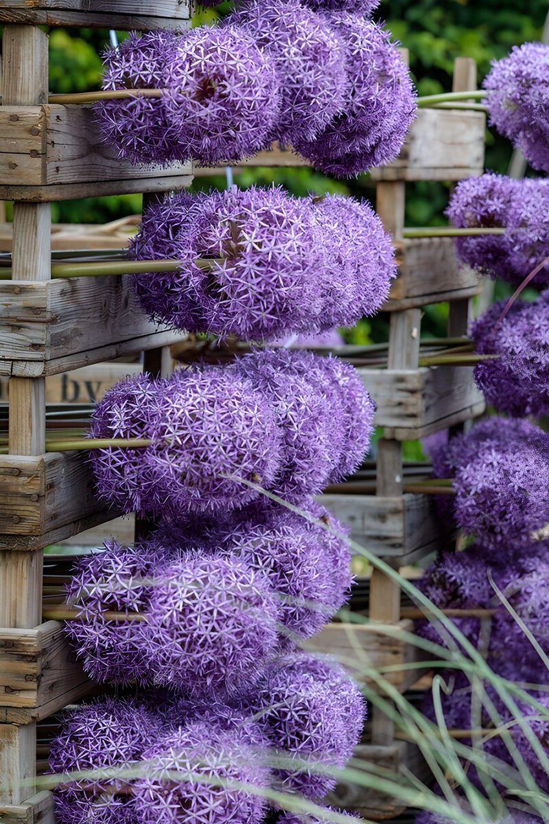 Paarse Allium Bloemen in Houten Kisten