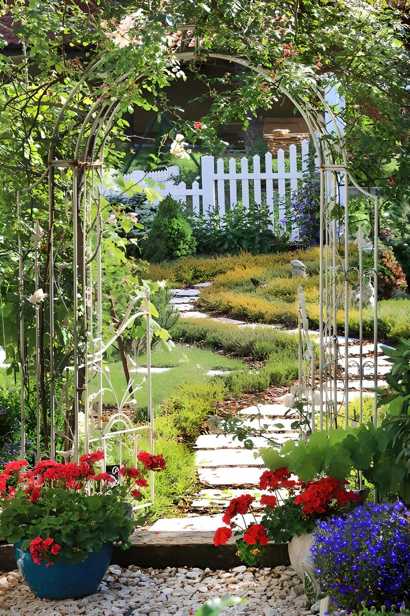 Oude witte  pergola begroeid met rozen met paadje naar tuin
