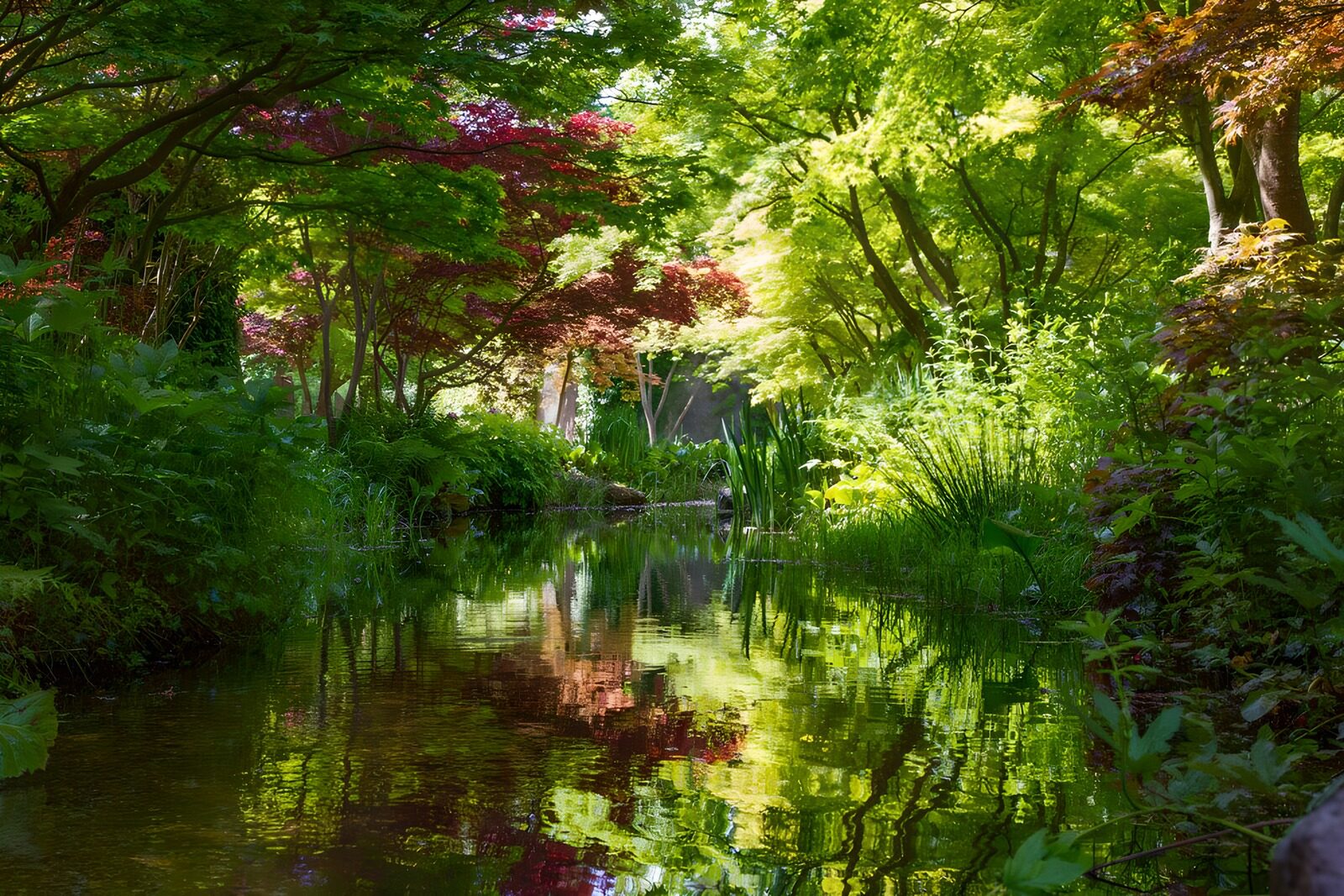Rustige tuin met reflectie in het water