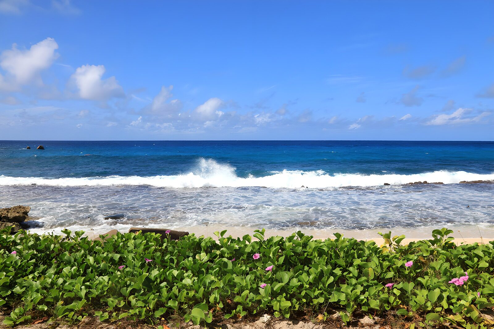 Zonovergoten strand met blauwe zee