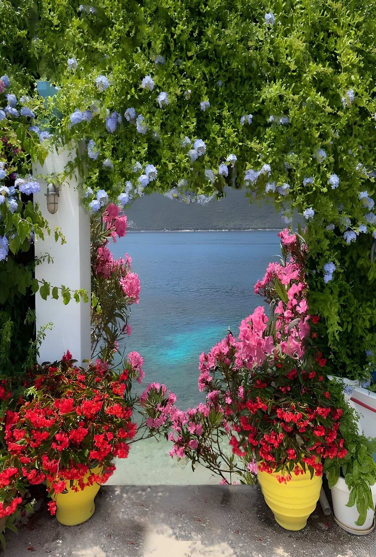 Kleurrijk uitzicht op zee met bloemen