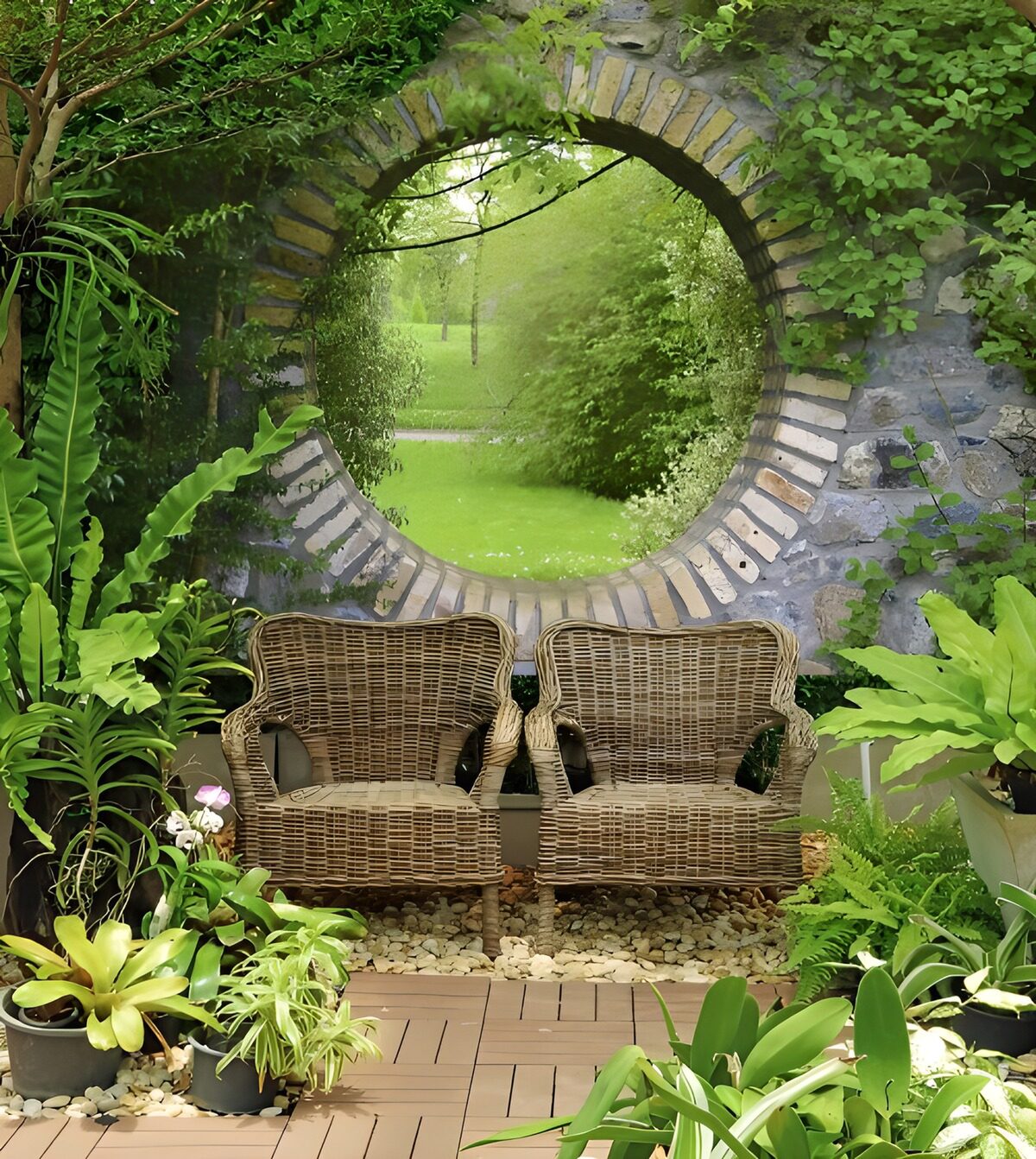 Doorkijk ronde doorgang met 2 rieten stoelen en planten