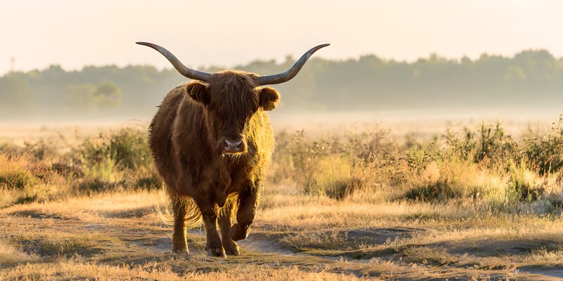Hooglander in de ochtendmist