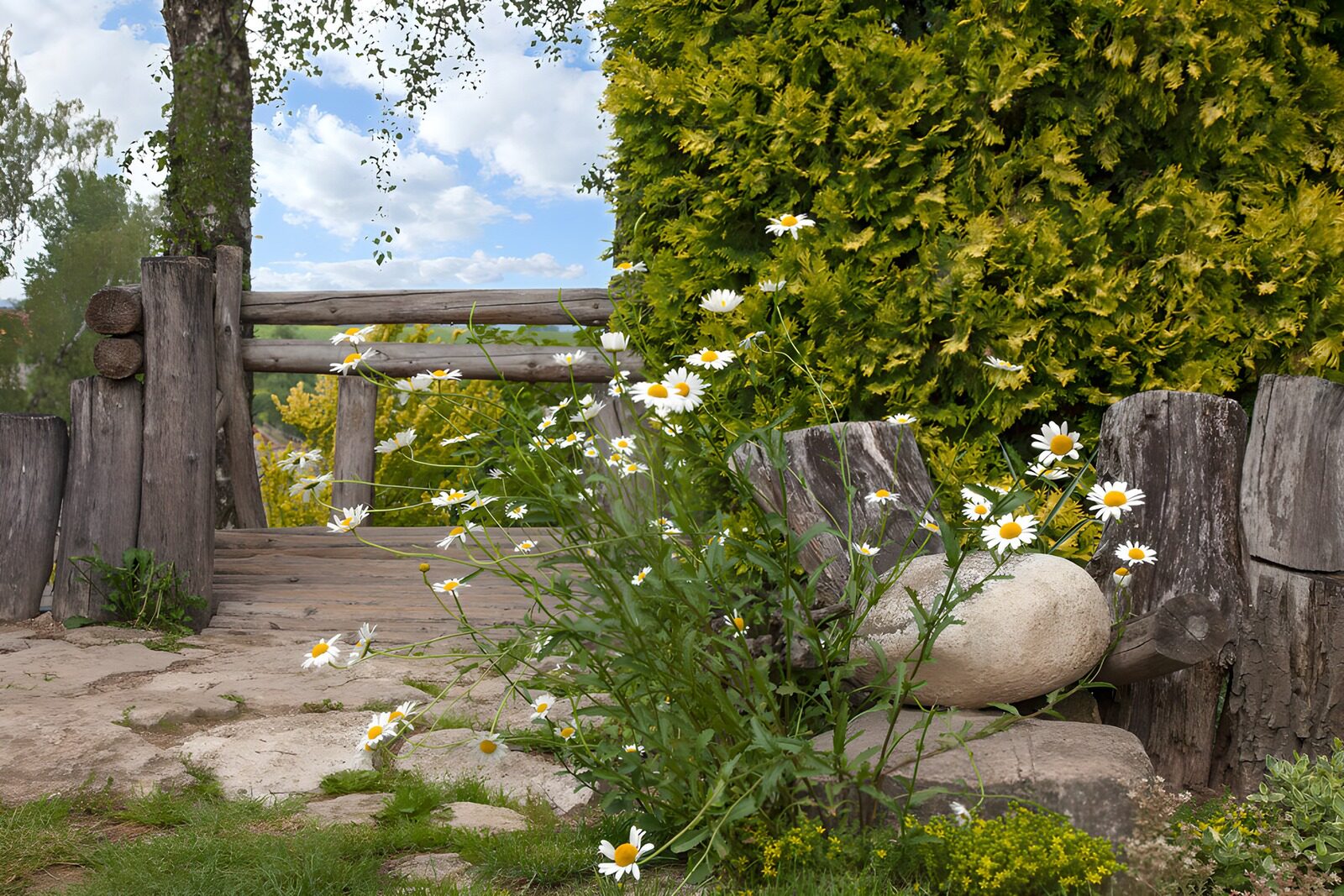 Bloemen bij een houten bruggetje