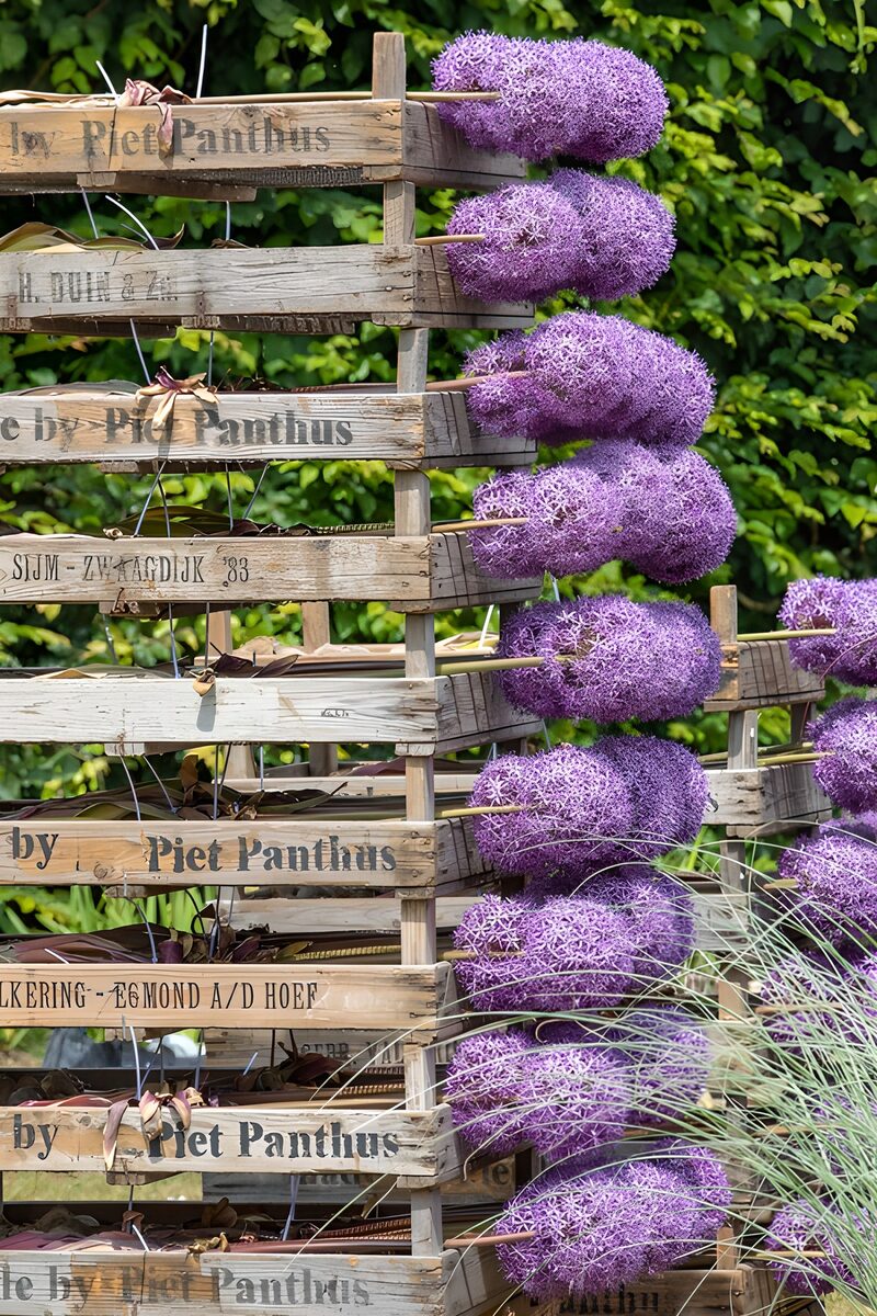 Paars bloemenkunst in houten kratten