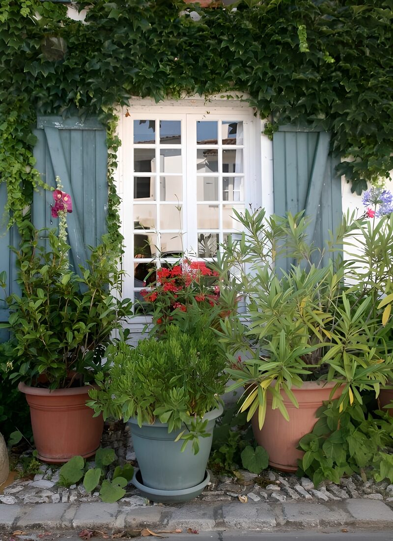 Groene venster met bloeiende planten
