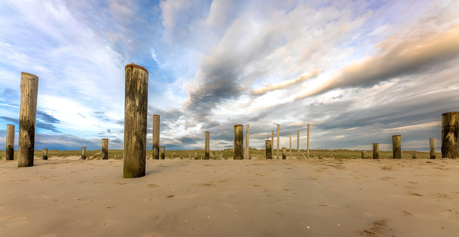 Verweerde palen op het strand