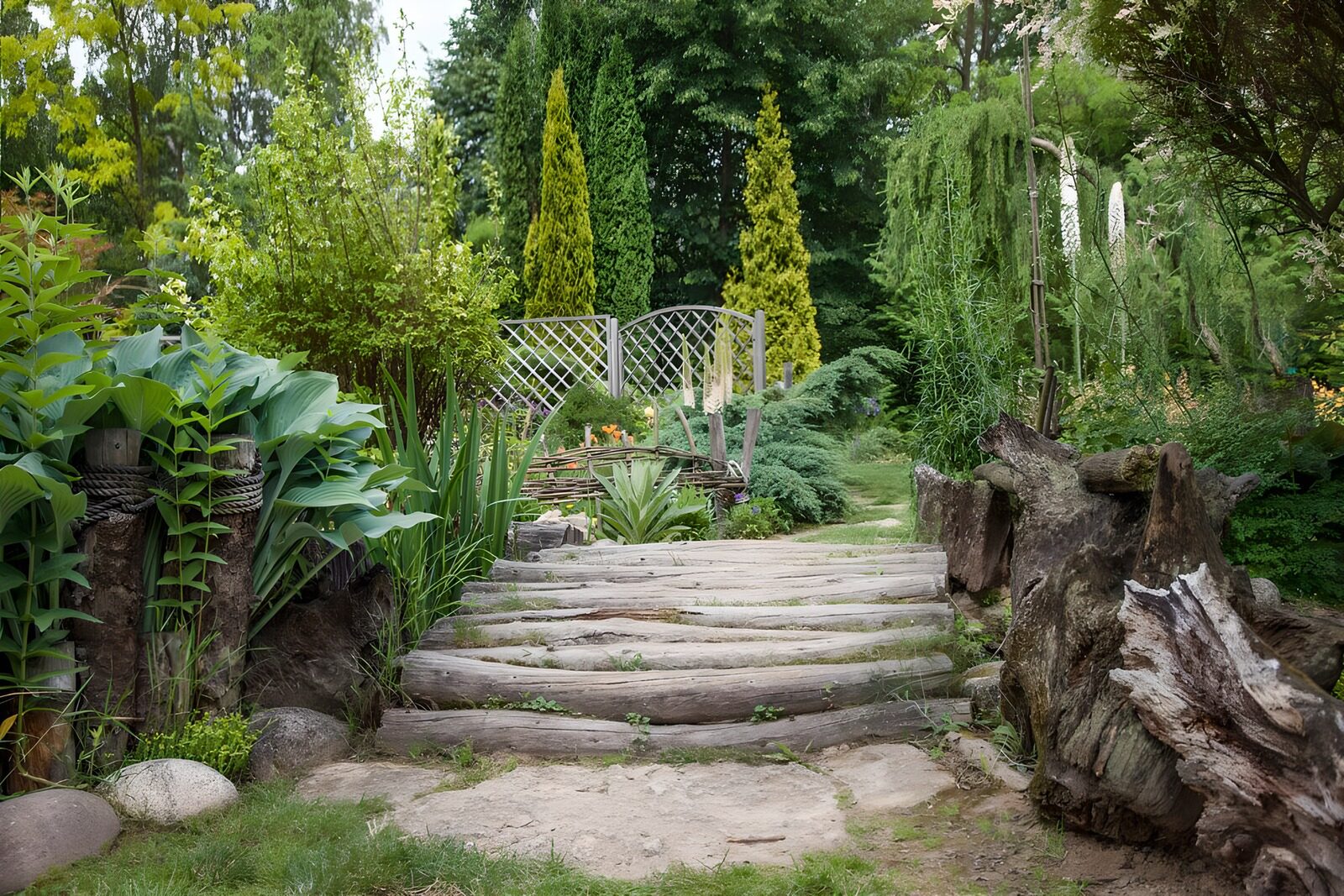 Sfeervolle tuin met houten trappen