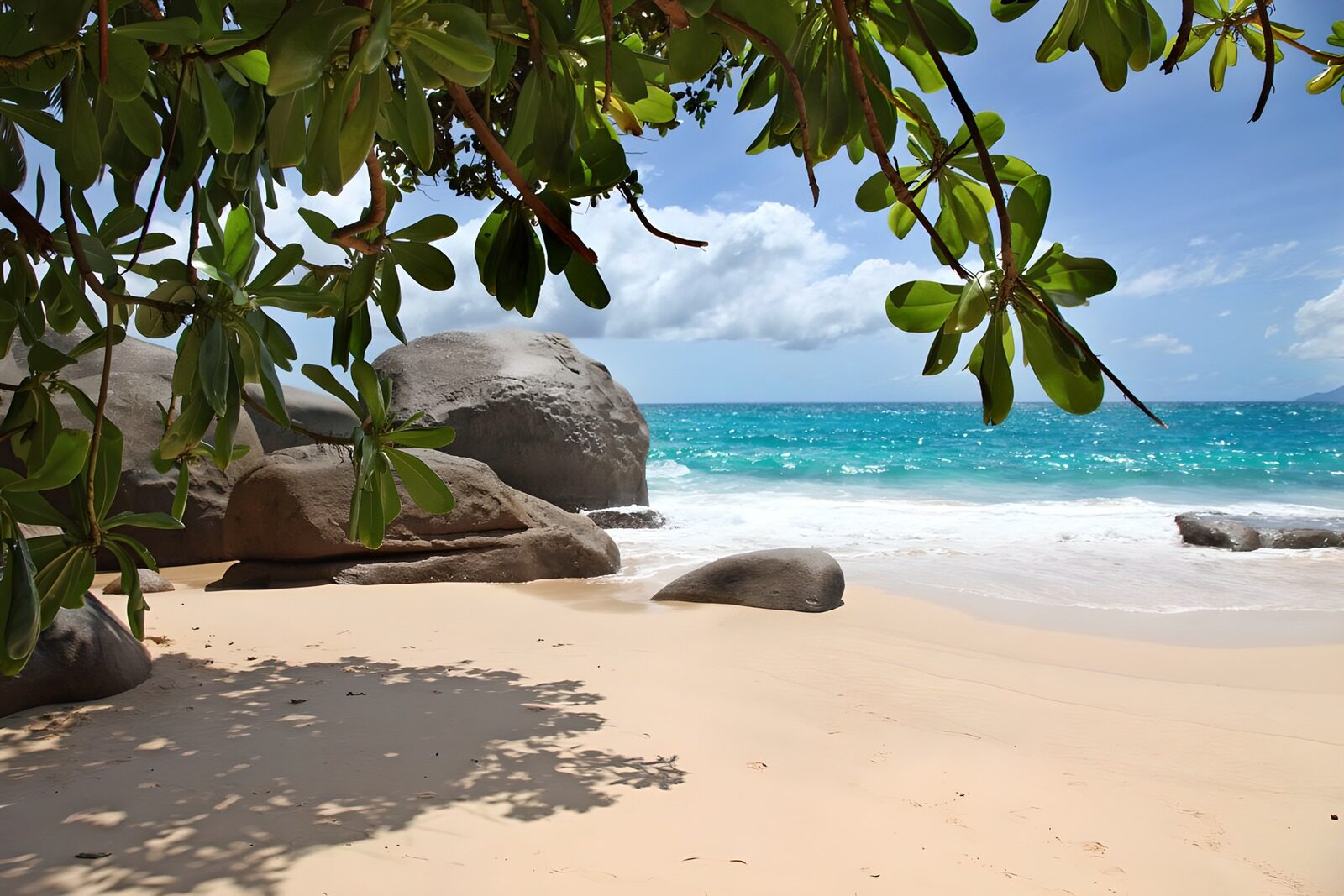 Tropisch strand met rotsen en blauw water