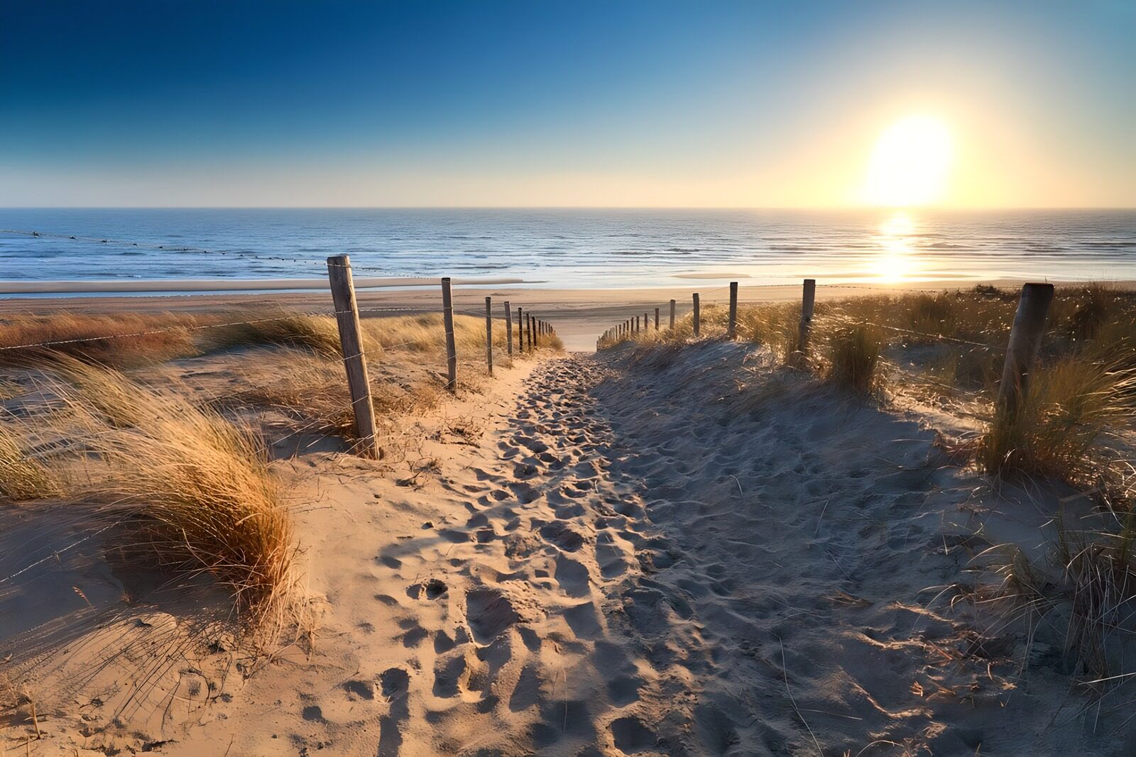 Zandpad naar de zonsondergang aan het strand