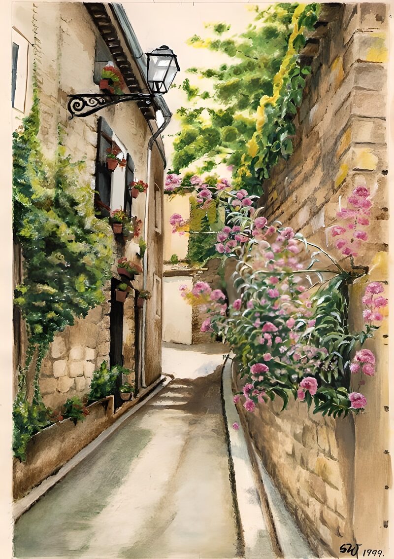 Sfeervolle smalle straat met bloemen