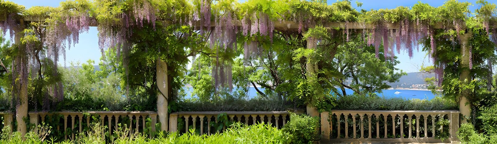 Bloeiende pergola met uitzicht op het water