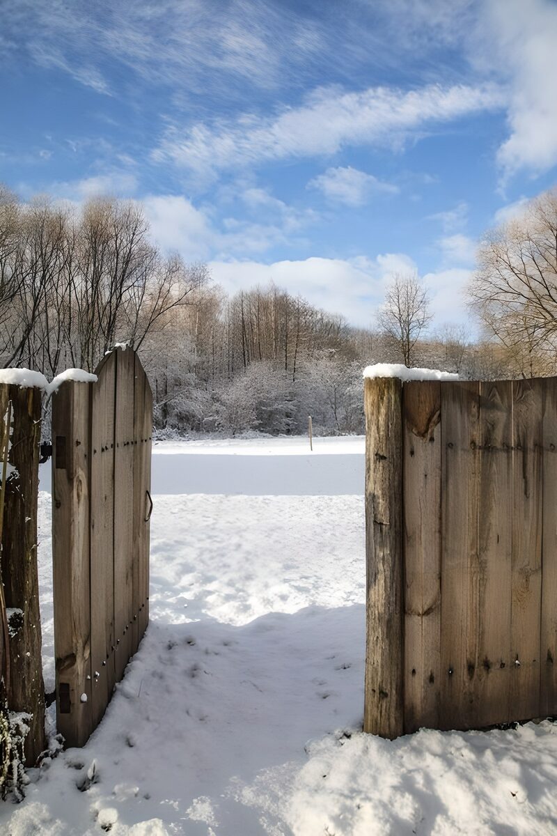Sneeuwlandschap door een houten poort