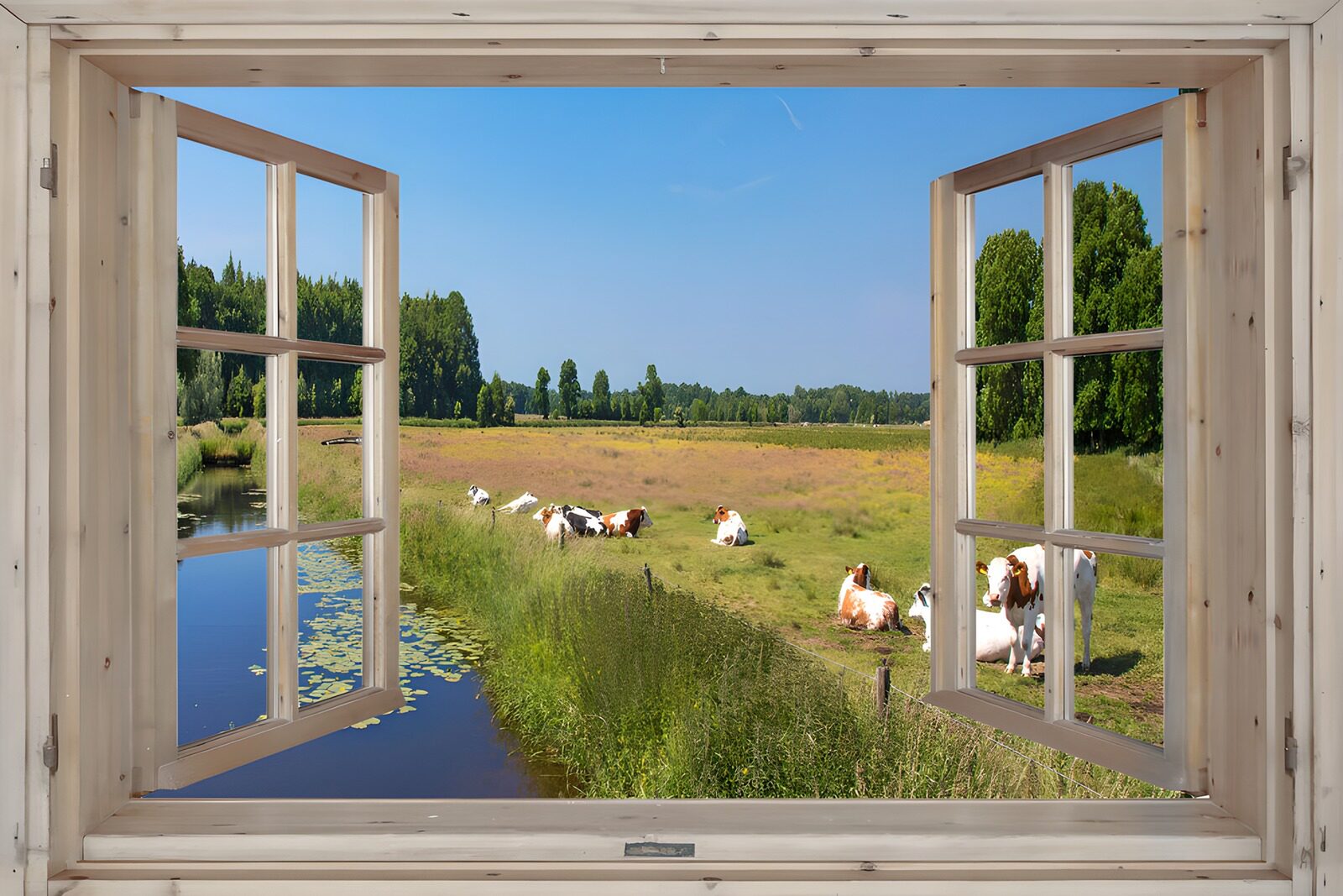 Uitzicht op een groene weide vanuit een raam