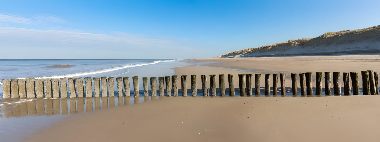 Golven en paalhoofden aan het strand