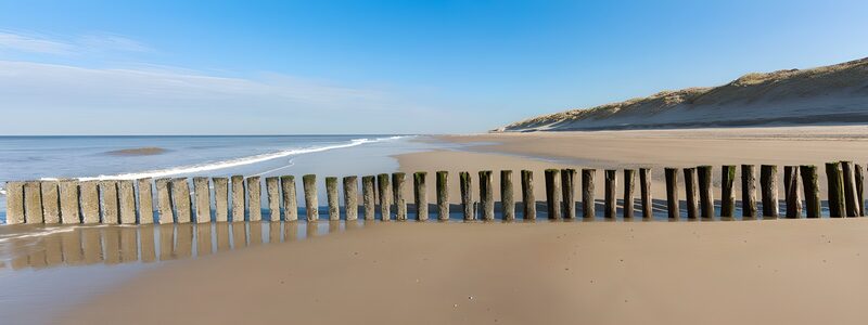 Golven en paalhoofden aan het strand