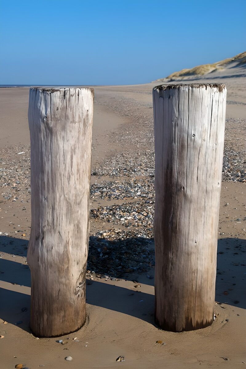 Twee houten palen op het strand