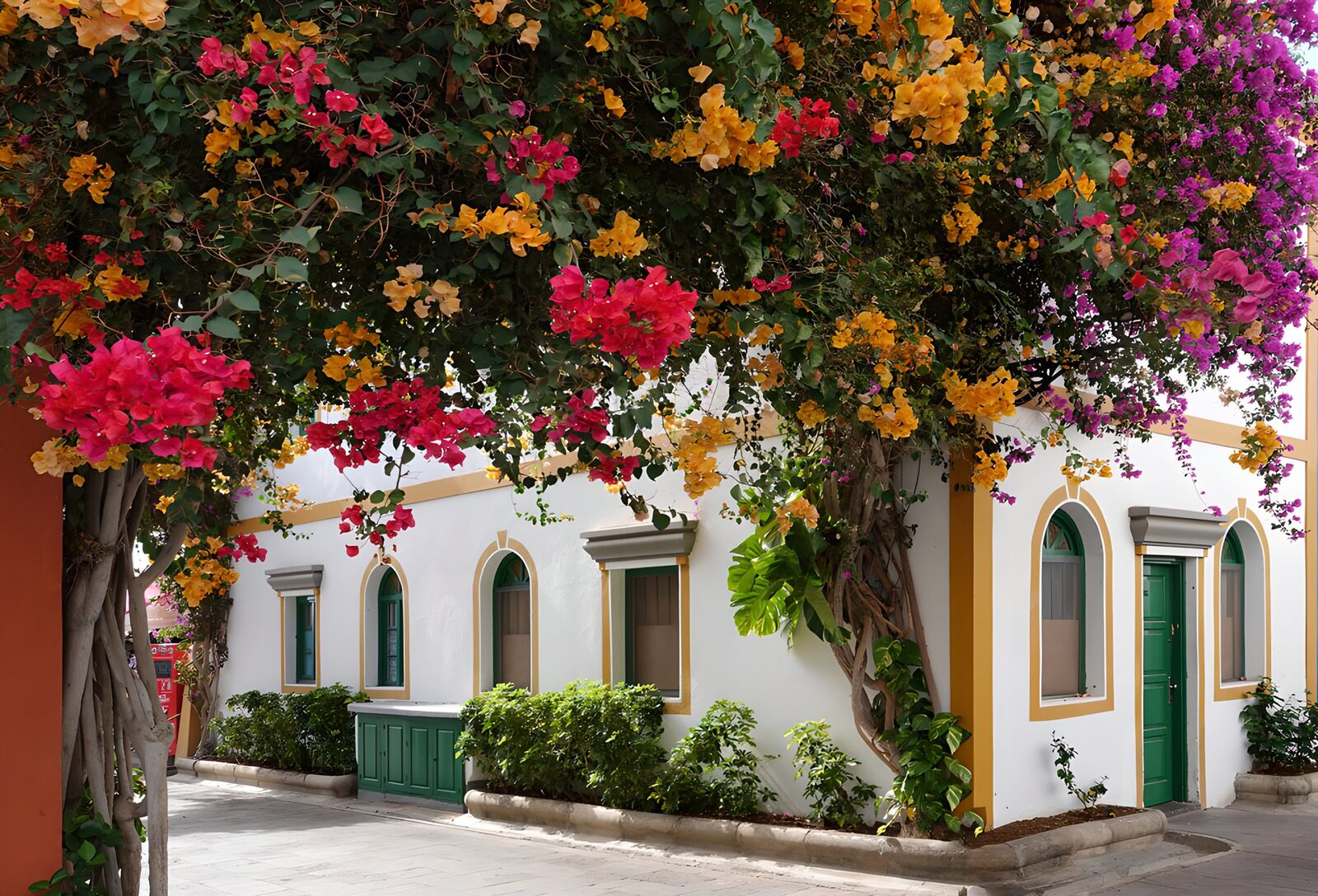 Kleurrijke woning met bloeiende bougainvillea