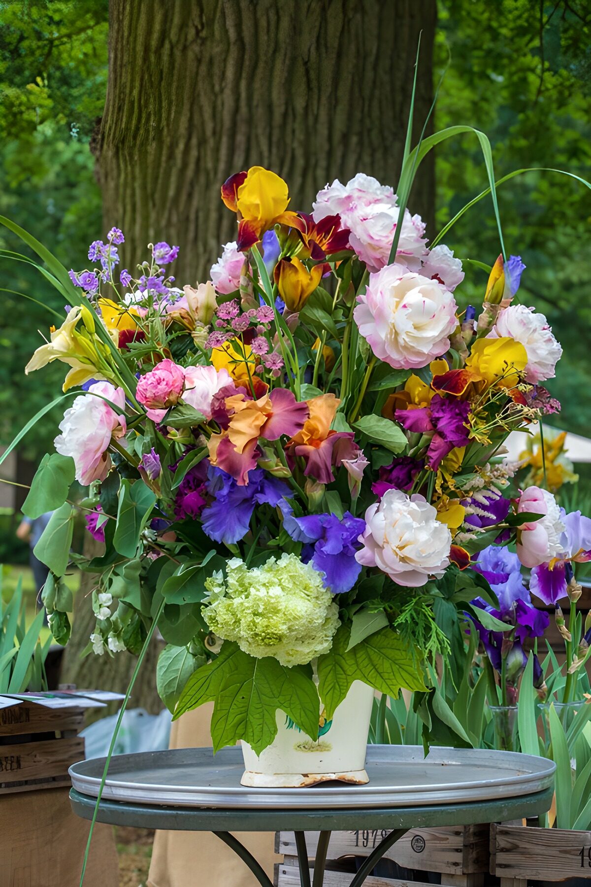 Kleurrijke bloemschaal op tafel
