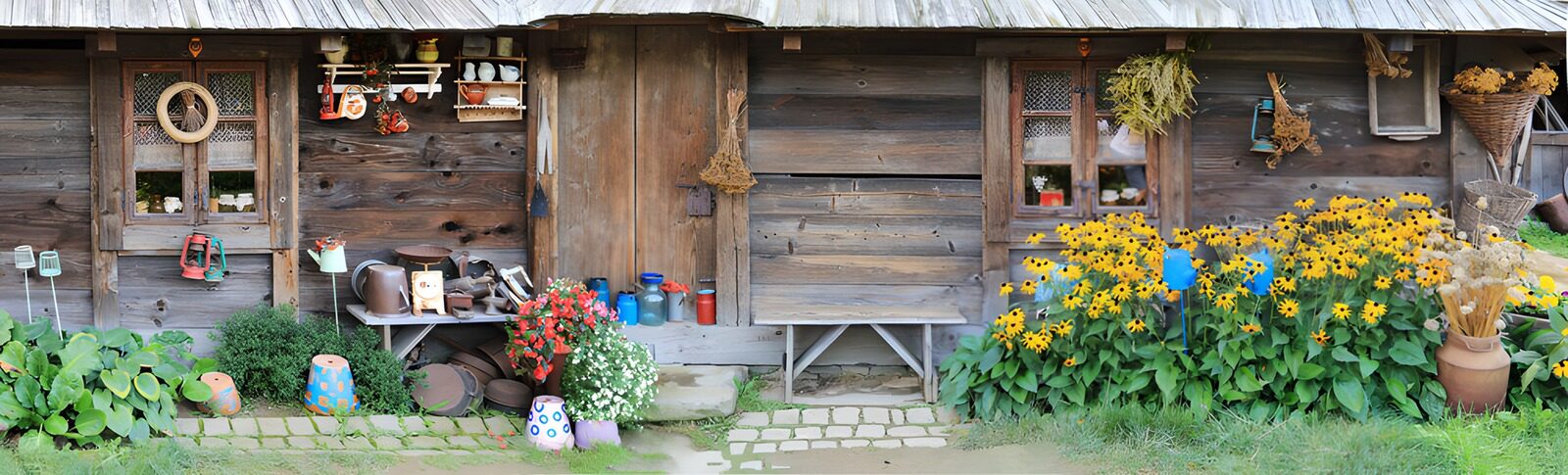 Kleurrijke bloementuin bij houten huis