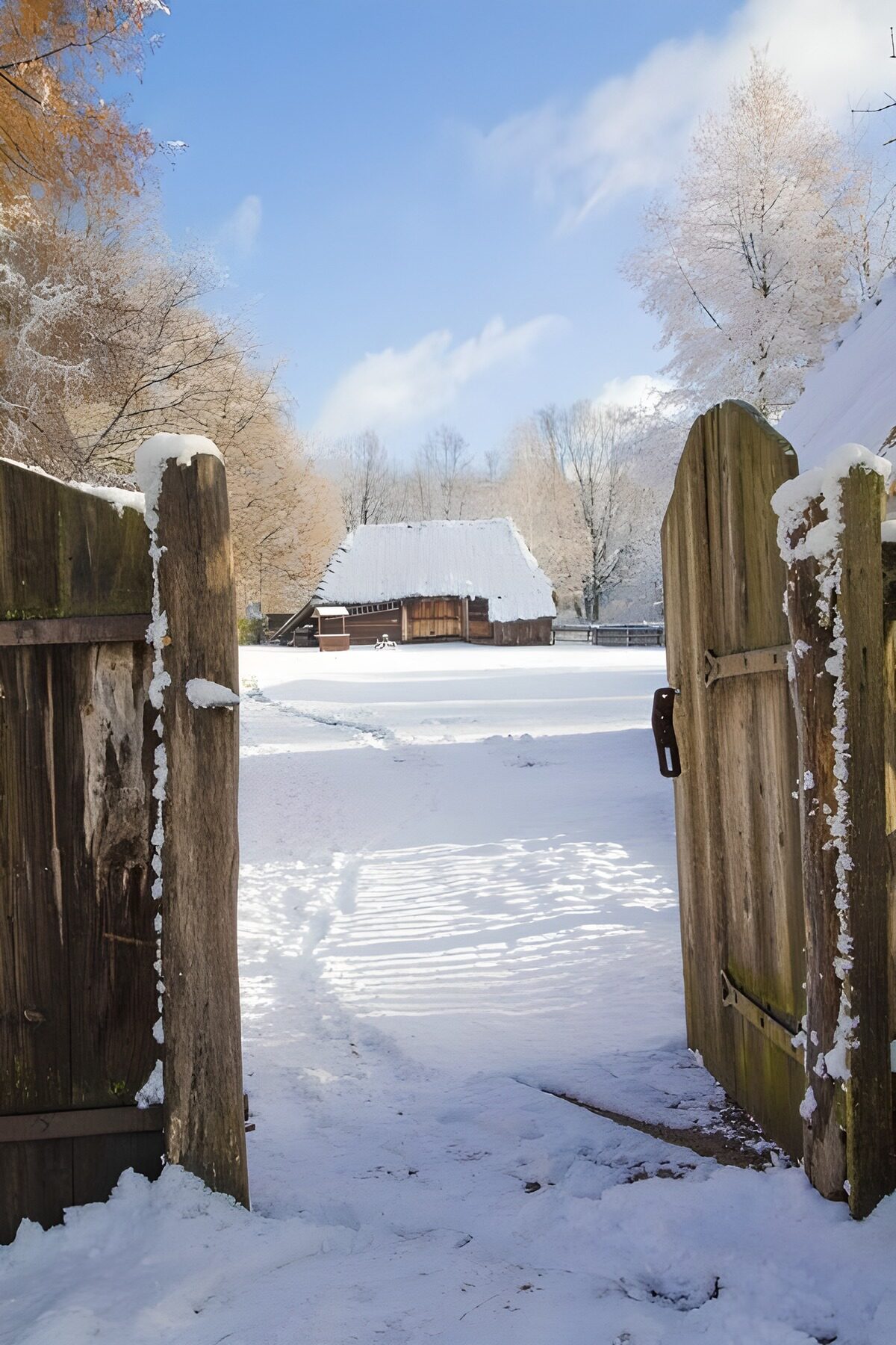 Sneeuwwinterlandschap bij boerderij